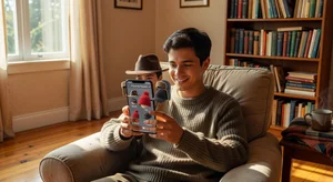 Person using phone to virtually preview different hat styles