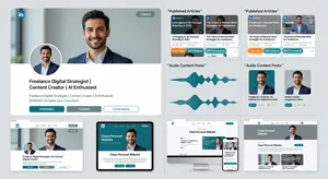 A collage showing a freelancer's complete digital presence: professional LinkedIn profile with AI headshot, published articles with high engagement, audio content posts, and a clean personal website, all showing cohesive branding