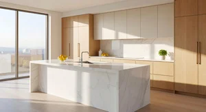 Modern kitchen interior with marble countertops bathed in natural window light
