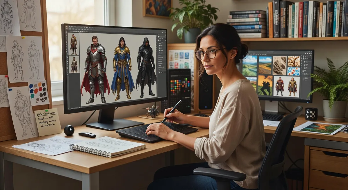 Visual artist creating character art variations, digital painting workspace, consistent art style development, creative professional environment