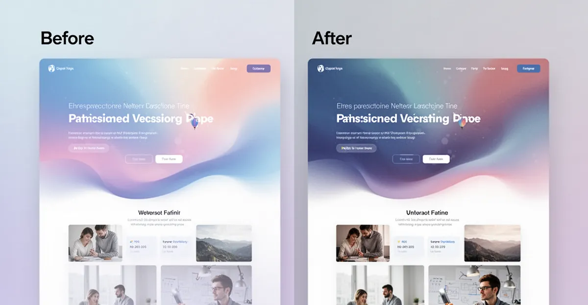 Final showcase of complete website design using atmospheric gradients showing before and after transformation