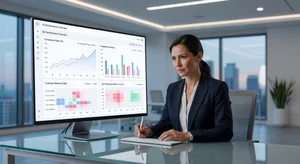 Beauty brand manager reviewing virtual try-on analytics dashboard showing conversion rates, engagement metrics, and customer behavior data