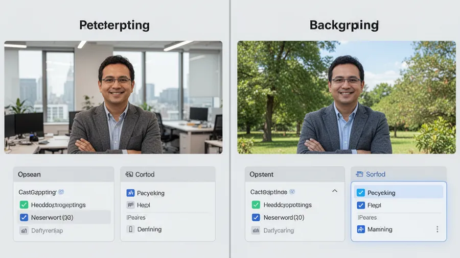 Comparison of different background replacement options showing same subject in office, outdoor, and creative studio environments