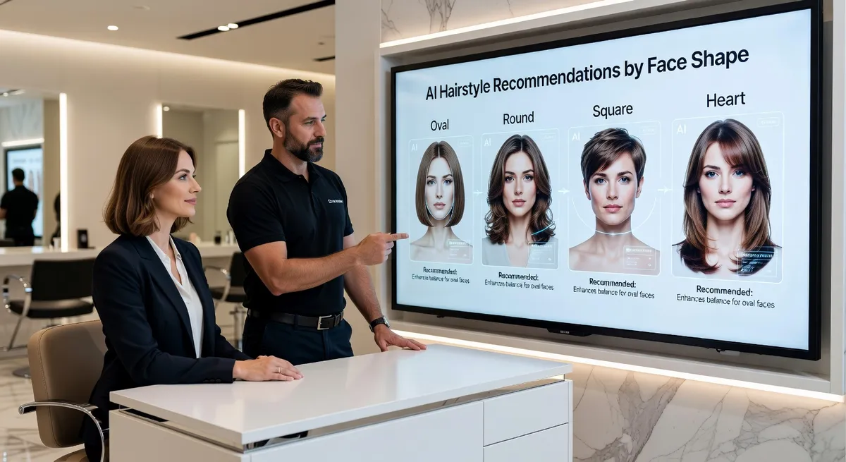 Salon consultation showing hairstyle options for different face shapes using AI technology, face shape analysis chart