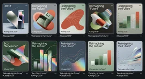 A social media grid mockup showing twelve posts from a single brand account, incorporating several of the described 2026 design trends in a cohesive way, demonstrating how multiple trends can coexist within a consistent brand visual identity