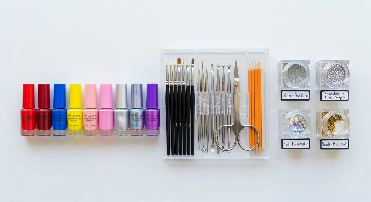A creative workspace showing various inspiration sources like fabric swatches and color palettes alongside AI generated nail art designs