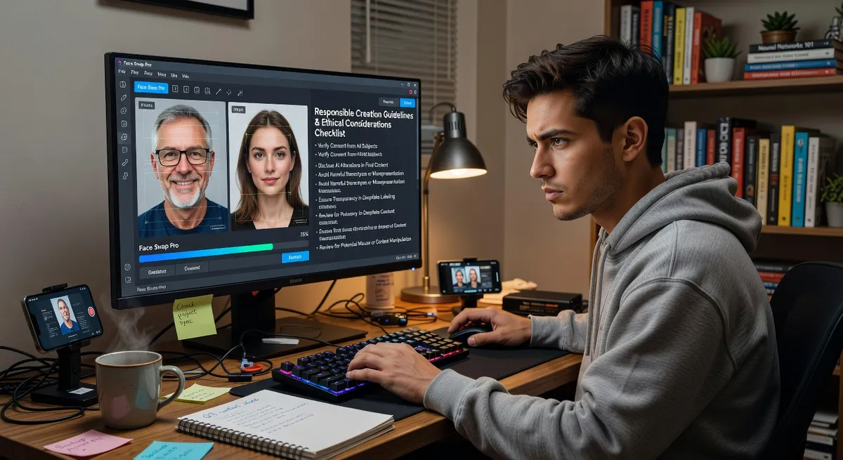 Content creator at computer with face swap software showing responsible creation guidelines and ethical considerations