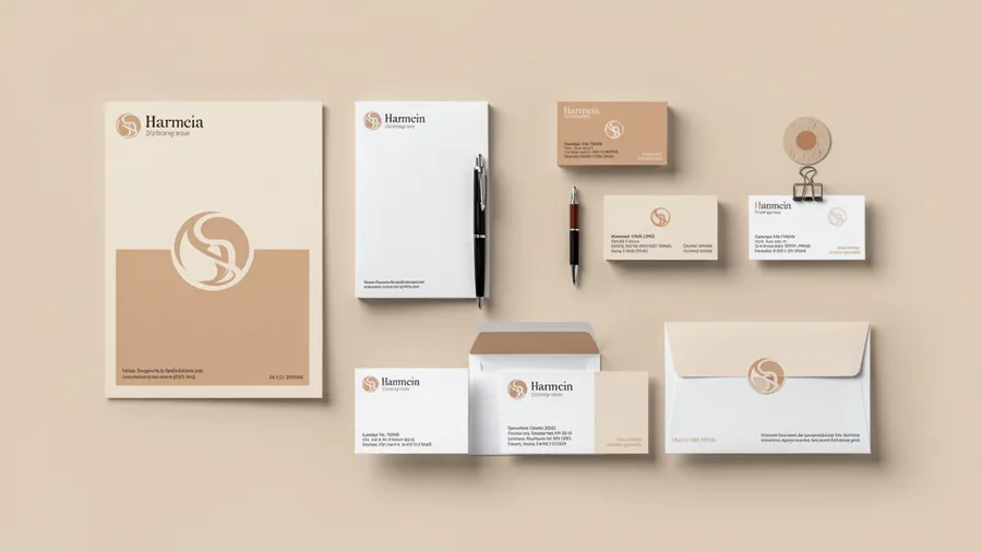 A brand identity system showcasing neo-minimalist design with warm neutral backgrounds, soft brand colors, and cohesive visual elements across multiple touchpoints
