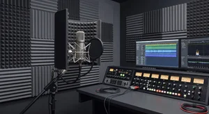 Professional recording studio with acoustic soundproofing microphone and audio equipment representing high-end voice production quality