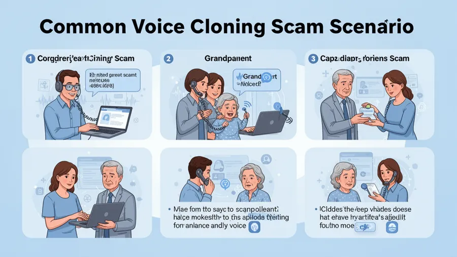 Illustration of common voice cloning scam scenarios including grandparent scam and fake emergency calls