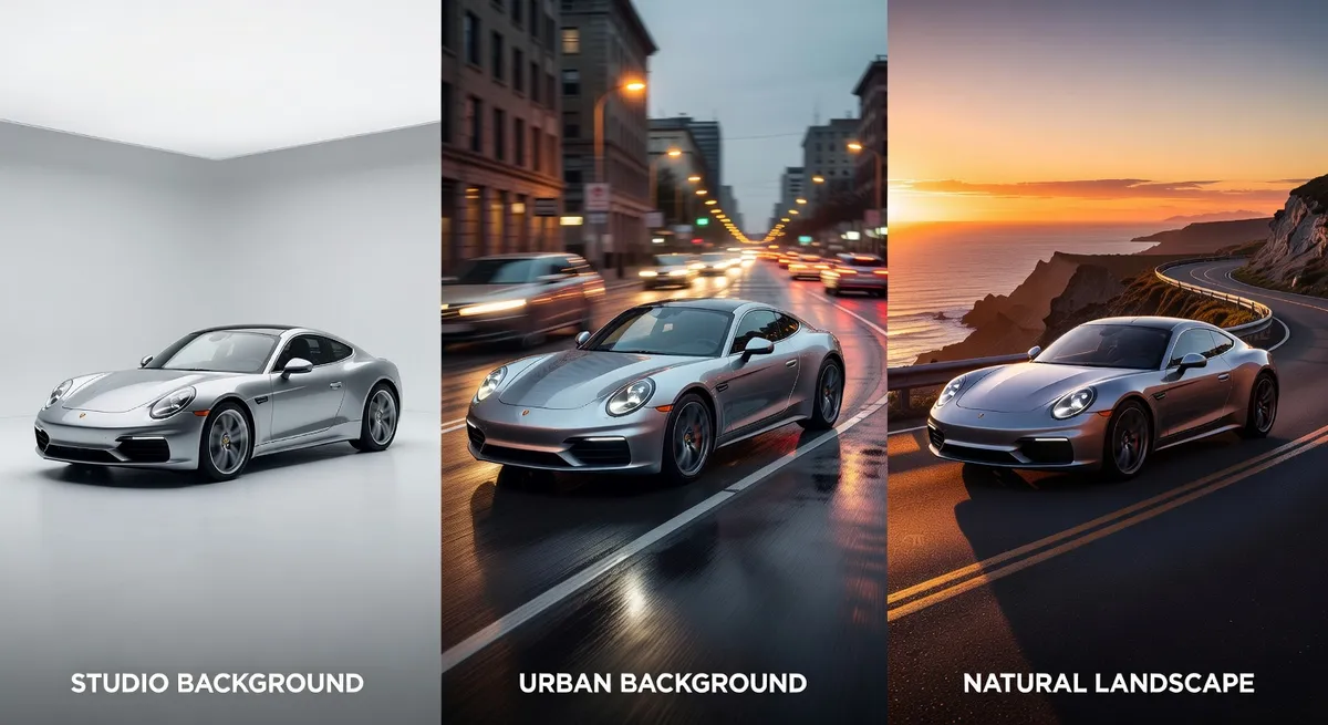 Split screen showing different car photography background approaches