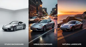 Split screen showing different car photography background approaches