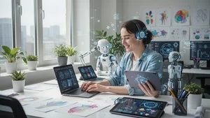 Content creator working efficiently in modern workspace with AI tools on screen