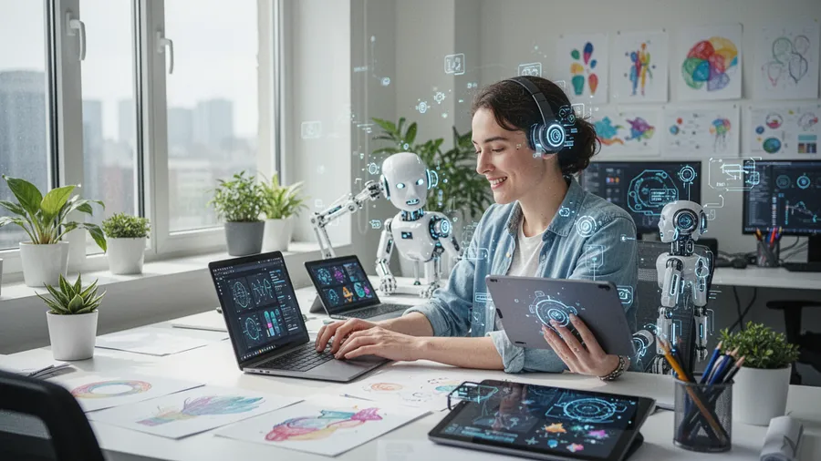 Content creator working efficiently in modern workspace with AI tools on screen