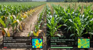 Before and after crop health comparison showing AI intervention results with struggling plants on one side and thriving plants on the other