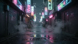 OpenAI Sora generated cinematic neon lit Tokyo alley at night with atmospheric lighting and rain reflections