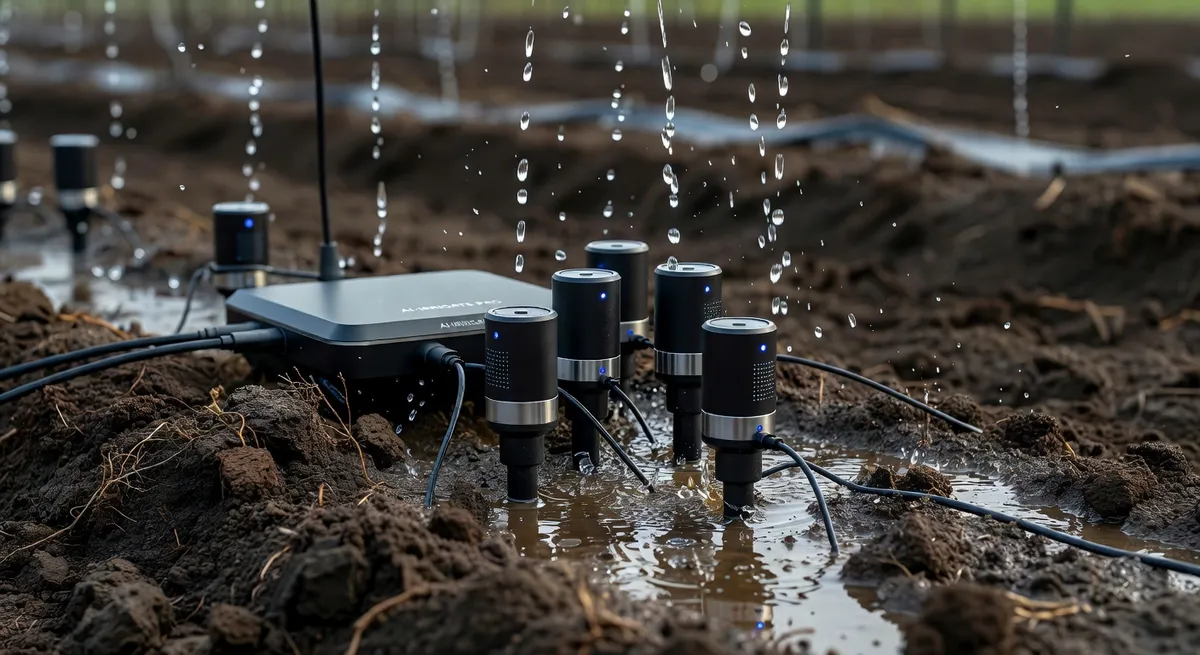 AI powered irrigation system with smart sensors embedded in soil, water droplets catching light, precision watering technology