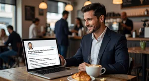 A professional confidently presenting their LinkedIn profile on a laptop at a coffee shop, showing a complete and optimized profile with a strong headshot, compelling headline, and rich experience section visible on the screen