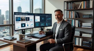 Business professional creating thought leadership content with AI tools, confident authority-building workspace