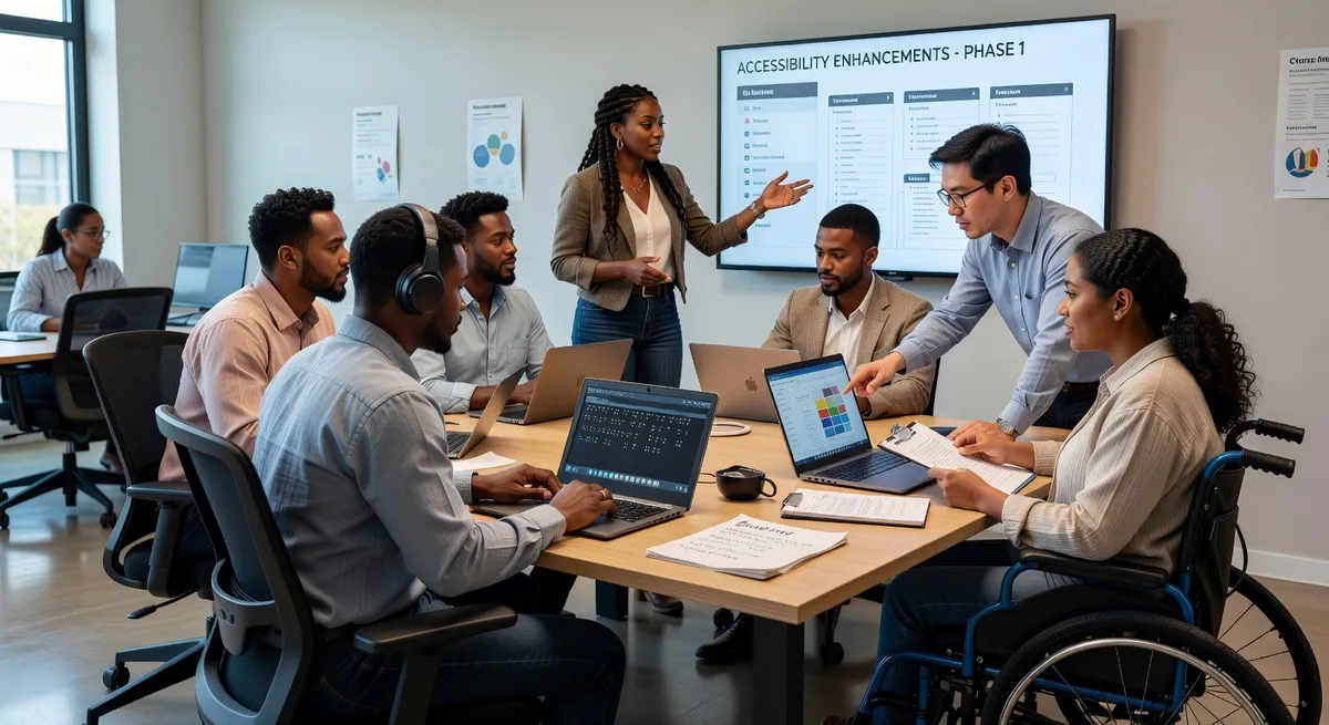 Diverse team working together on accessibility improvements with assistive technology visible