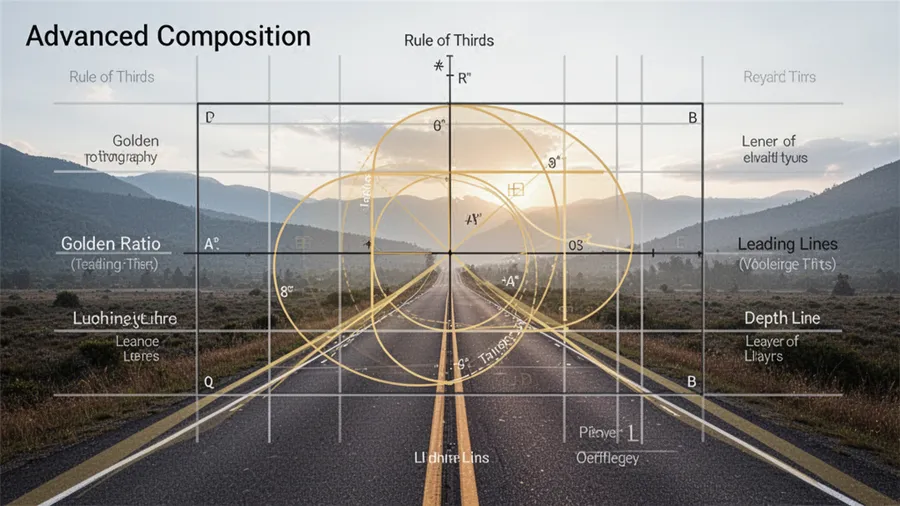 Advanced composition grid showing rule of thirds and professional techniques