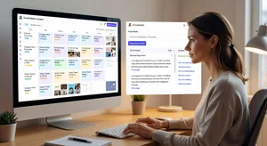 Blogger reviewing content calendar on screen with AI-generated topic suggestions, modern home office workspace