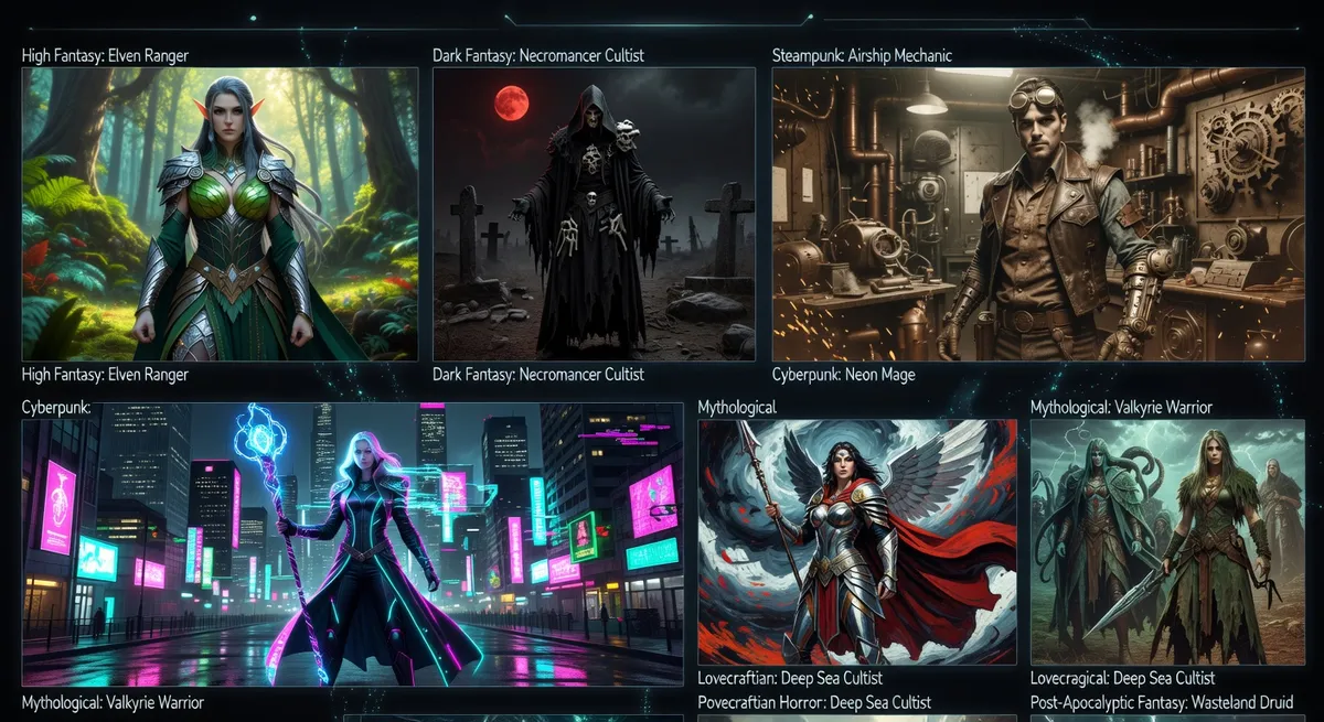Collection of fantasy cosplay character previews created with AI filters - multiple genres and styles displayed