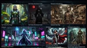 Collection of fantasy cosplay character previews created with AI filters - multiple genres and styles displayed