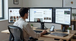 A freelancer at a clean home desk with a professional setup, multiple screens showing social media profiles, content drafts, and AI tools open, representing a modern personal brand workflow