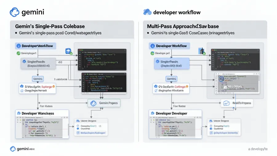 Developer workflow comparing Gemini's single-pass codebase analysis versus multi-pass approaches needed for smaller context models