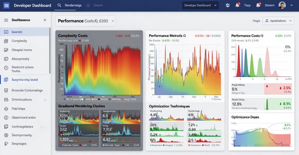 Performance comparison showing gradient rendering costs for different complexity levels and optimization techniques