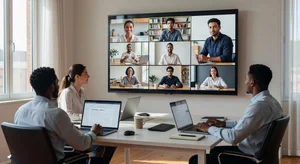 Modern remote team collaboration workspace showing video conference meeting on large monitor with team members in home offices