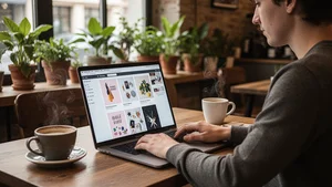 Freelancer working on laptop in a cafe with creative content on screen surrounded by plants and coffee