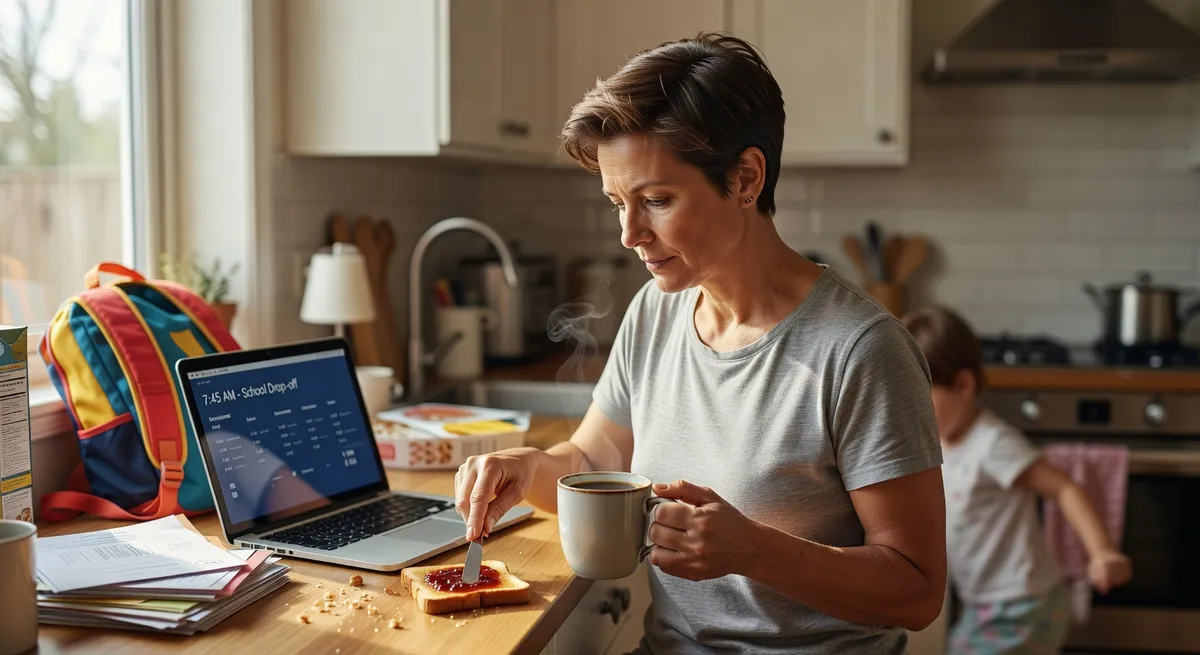 Busy parent with practical hairstyle in quick morning routine