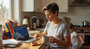 Busy parent with practical hairstyle in quick morning routine