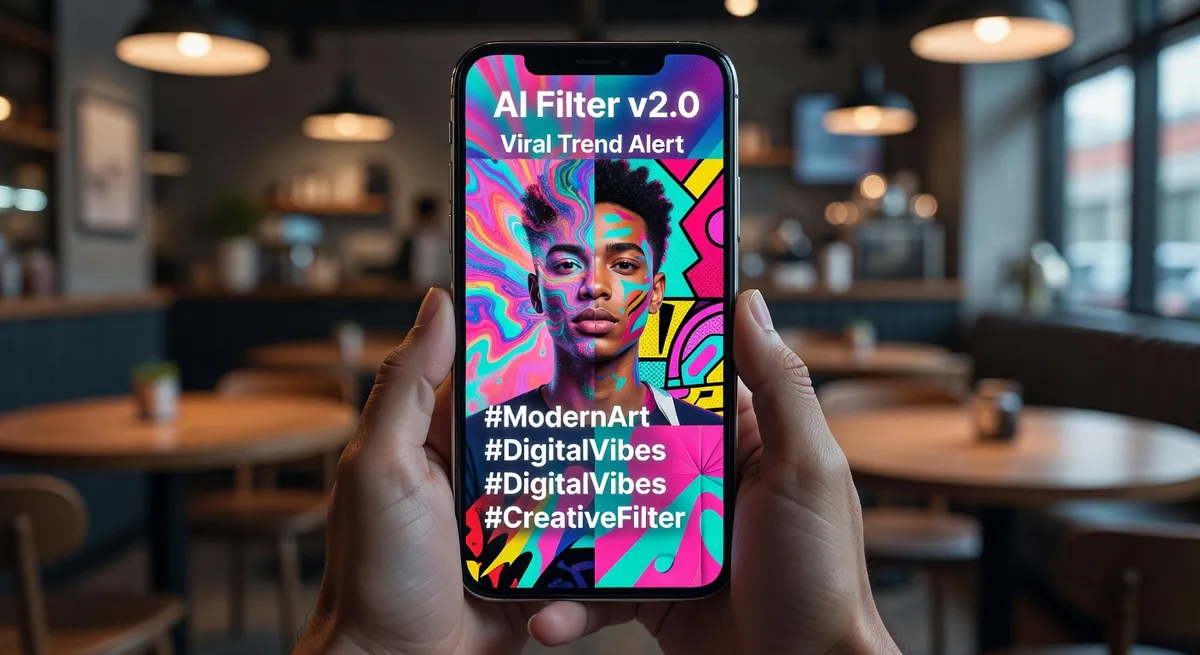 Creative AI filter transformations on smartphone, trendy social media effects, vibrant artistic styles, modern digital art