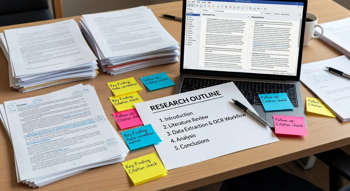 A researcher's organized workspace showing physical documents beside a laptop with extracted and organized text content, alongside sticky notes and a research outline, representing an efficient OCR-integrated research process