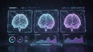 Three AI neural network panels showing performance comparison