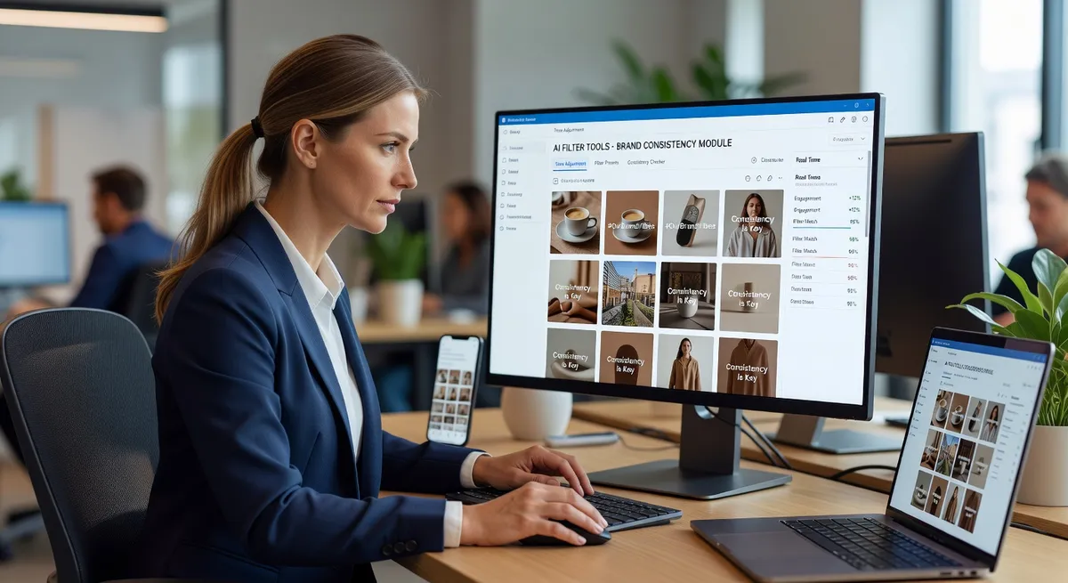 Social media manager using AI photo filter tools to maintain brand consistency, multiple Instagram posts displayed on screen