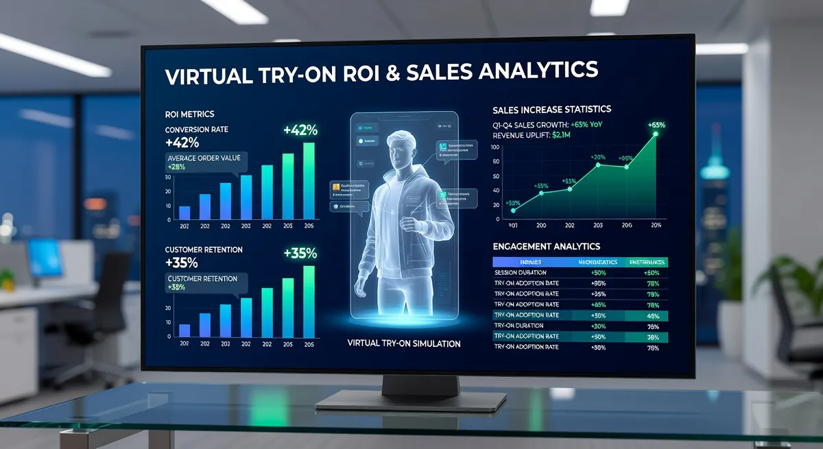 Warehouse worker in nearly empty returns processing area with graph overlay showing declining return volume after virtual try-on adoption