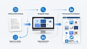 A workflow diagram showing the streamlined process from content creation to final carousel post publication on LinkedIn