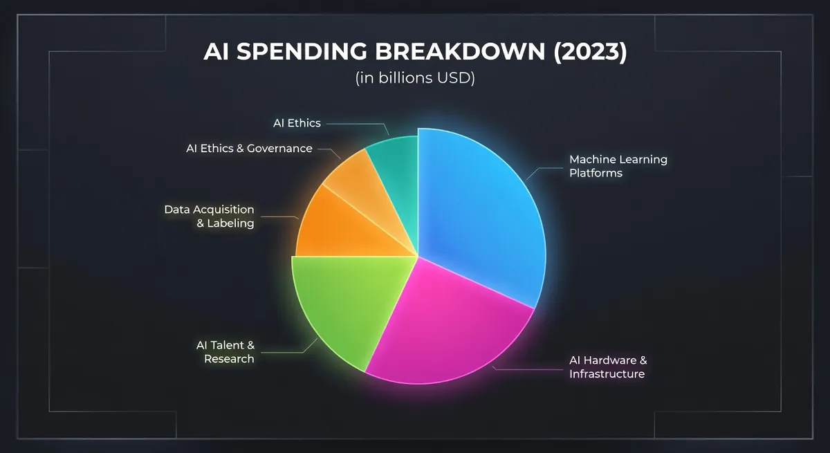 Pie chart data visualization breaking down AI spending categories on a dark dashboard with colorful segments