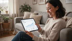 Person smiling while reviewing their financial progress on a tablet in a cozy home setting