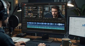 YouTube video editing timeline showing audio waveform track with AI voiceover narration integrated into video production workflow