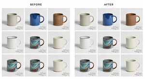 A before and after comparison of a product listing photo grid showing the same ceramic mug collection without watermarks versus with professionally placed brand watermarks in the lower corner, on a clean white ecommerce background