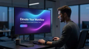 A web designer applying animated gradient CSS to a dark themed hero section showing the final polished website on a large monitor with vibrant color transitions creating a premium modern look for a software product landing page