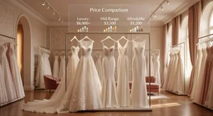Beautiful wedding dresses at various price points displayed together