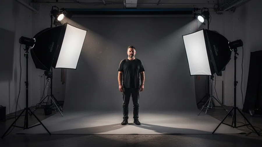 Professional photography studio with AI-controlled lighting and dramatic shadows