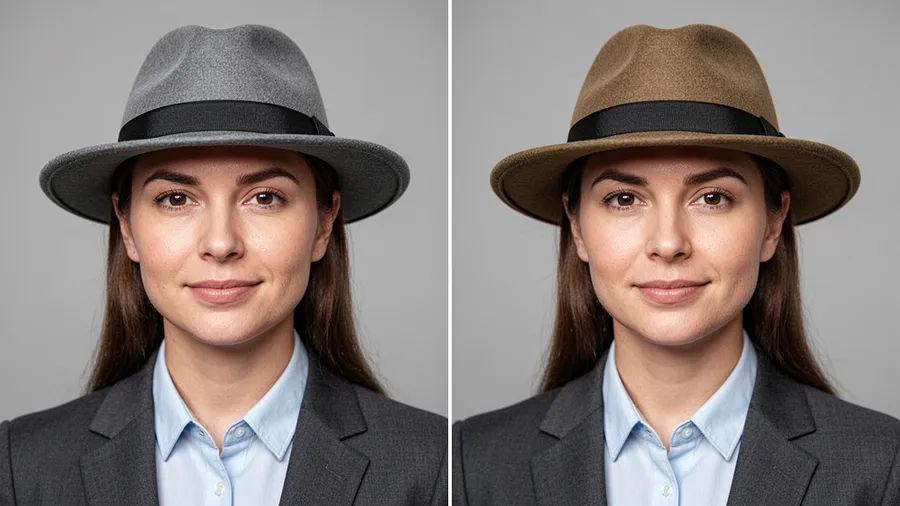 Person wearing different AI generated hats in various styles, showing natural integration with realistic shadows on face and hair