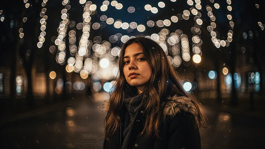 Night portrait with bokeh lights creating beautiful circular blur patterns in the background while subject remains sharp